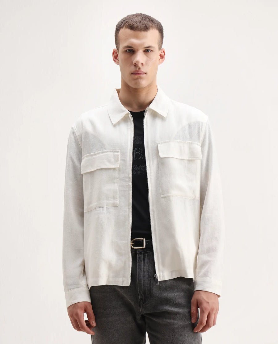 Rare Rabbit Men's Jomo-T White Linen Blend Plain Relaxed Fit Full Sleeve Collared Shaket