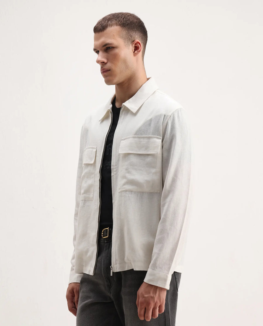 Rare Rabbit Men's Jomo-T White Linen Blend Plain Relaxed Fit Full Sleeve Collared Shaket