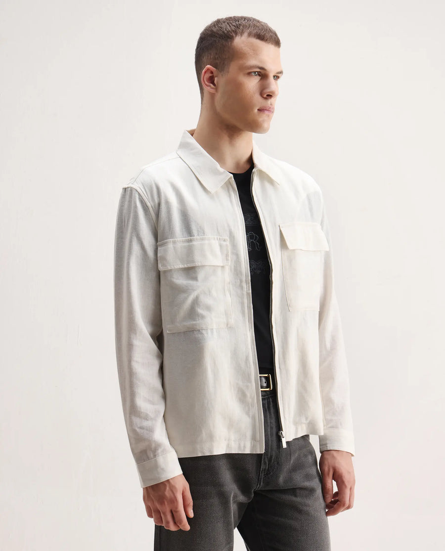 Rare Rabbit Men's Jomo-T White Linen Blend Plain Relaxed Fit Full Sleeve Collared Shaket