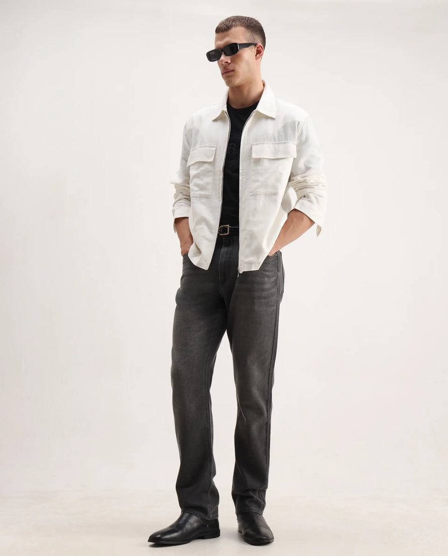 Rare Rabbit Men's Jomo-T White Linen Blend Plain Relaxed Fit Full Sleeve Collared Shaket