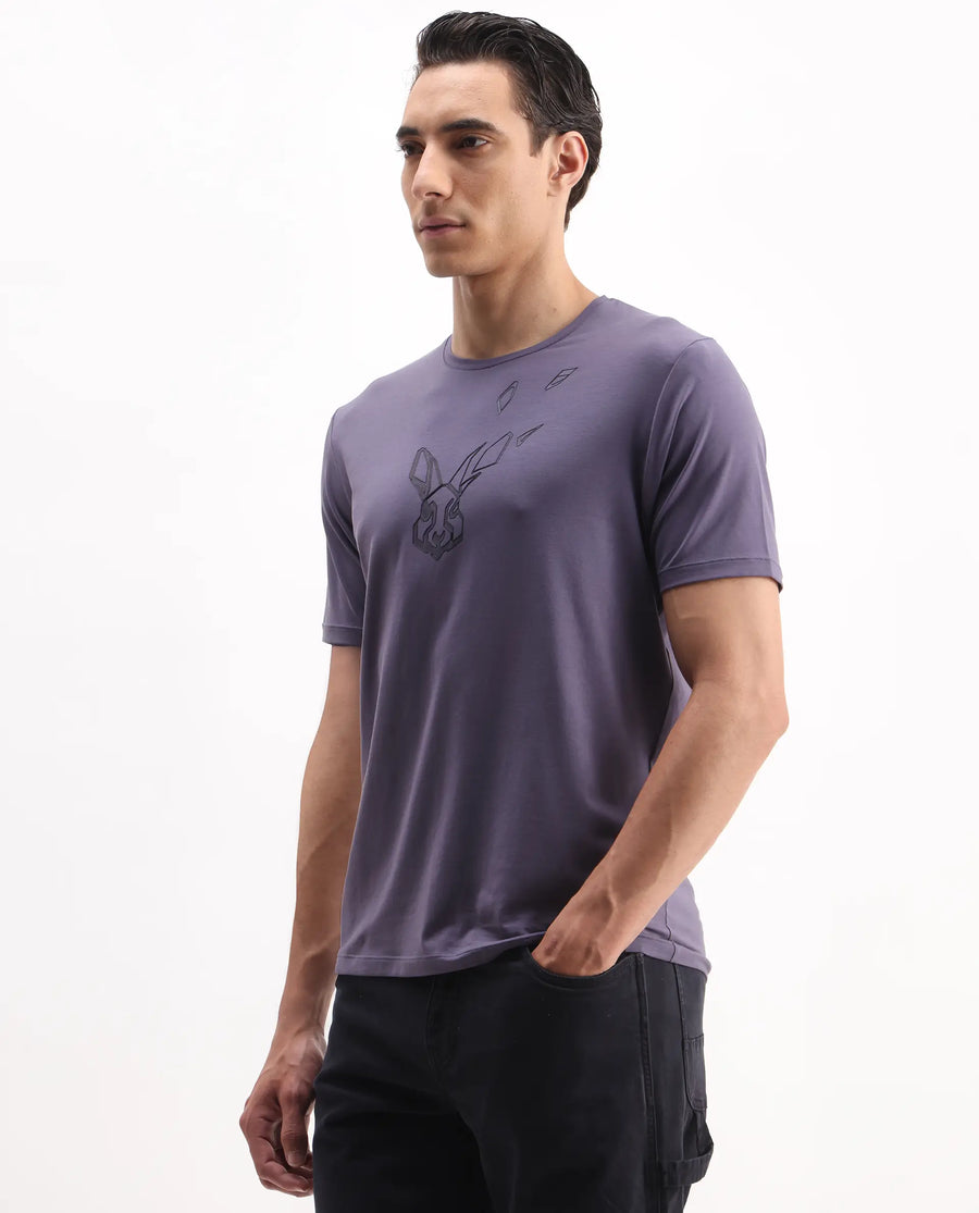 Rare Rabbit Men's Joon Dusky Purple Cotton Blend Graphic Print Regular Fit Half Sleeve Crew Neck T-Shirt