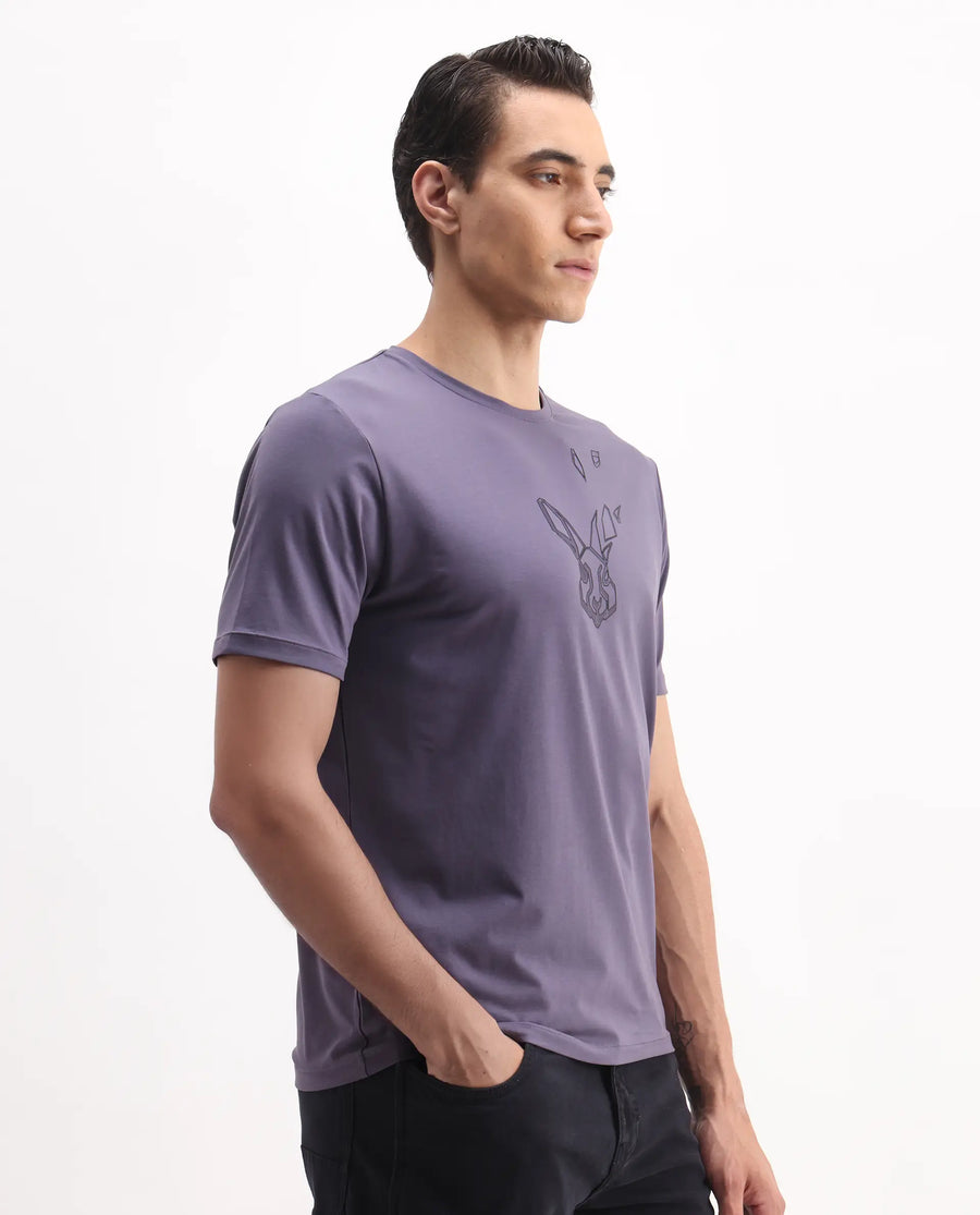 Rare Rabbit Men's Joon Dusky Purple Cotton Blend Graphic Print Regular Fit Half Sleeve Crew Neck T-Shirt
