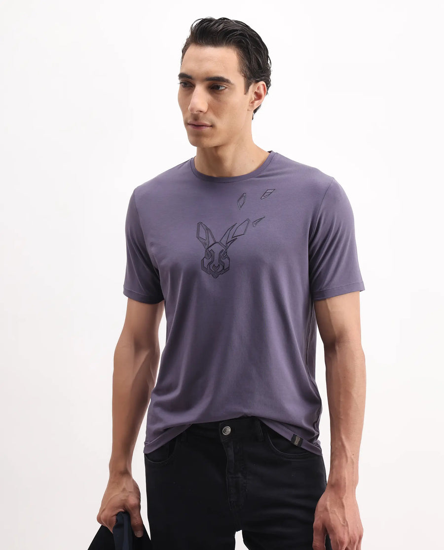 Rare Rabbit Men's Joon Dusky Purple Cotton Blend Graphic Print Regular Fit Half Sleeve Crew Neck T-Shirt