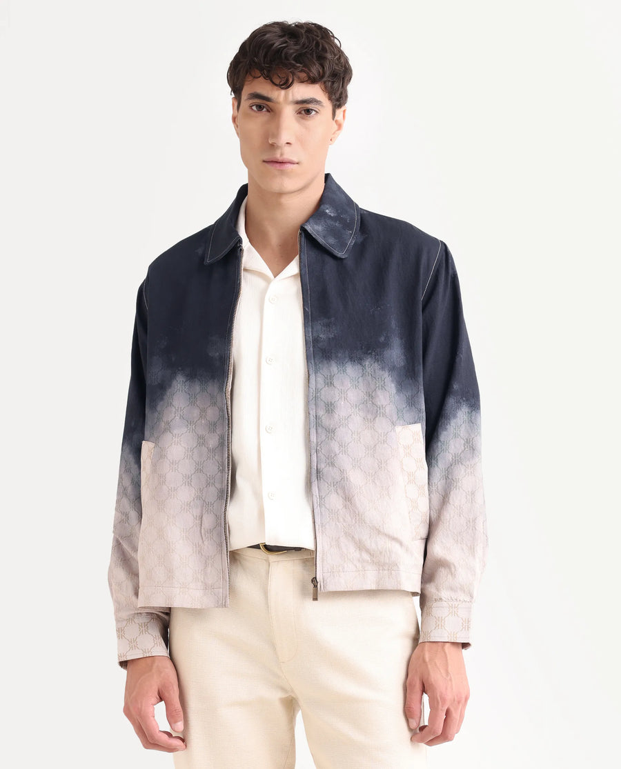 Rare Rabbit Men's Jopy Navy Viscose Blend Fabric Spread Collar Regular Fit Ombre Print Jacket