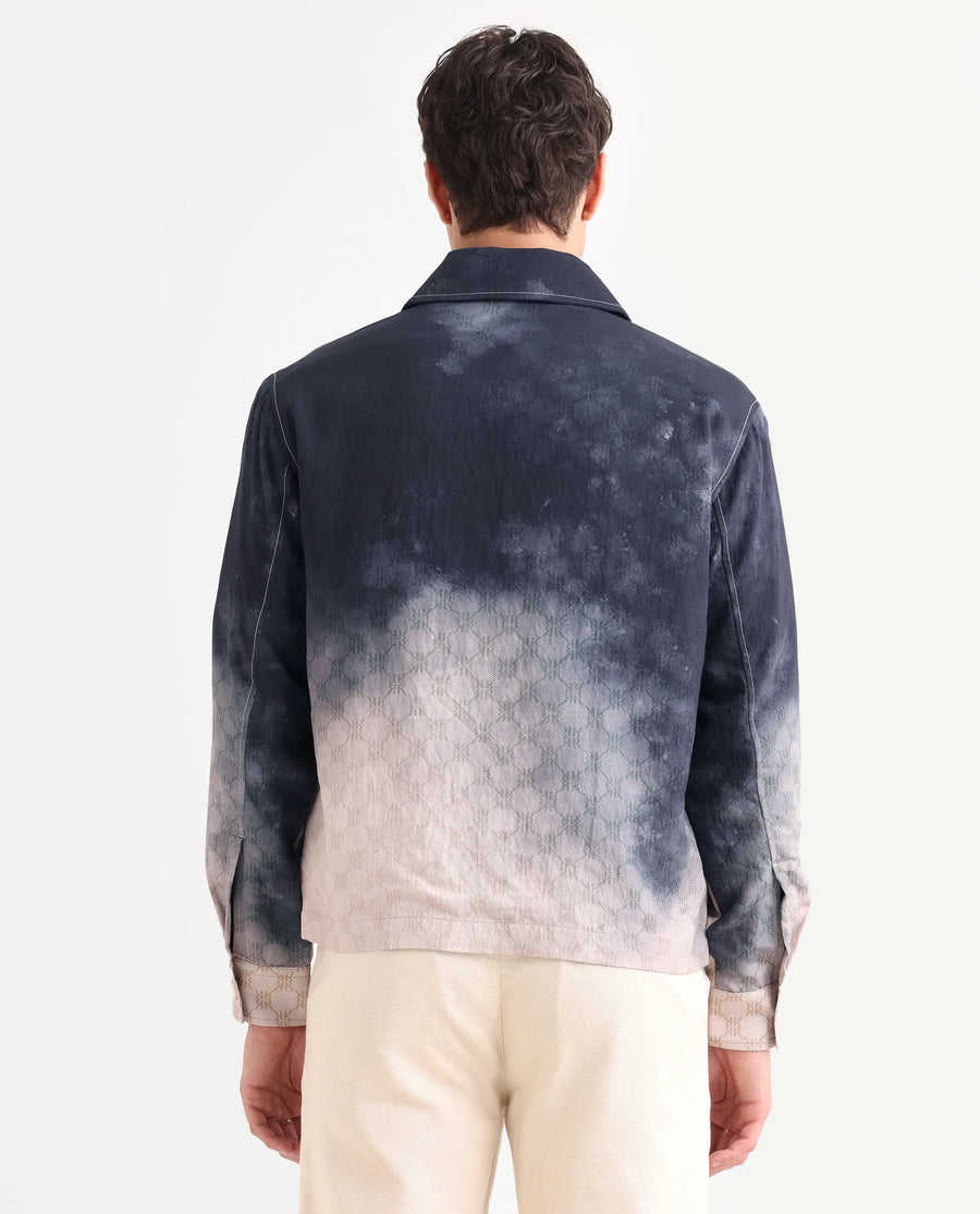 Rare Rabbit Men's Jopy Navy Viscose Blend Fabric Spread Collar Regular Fit Ombre Print Jacket