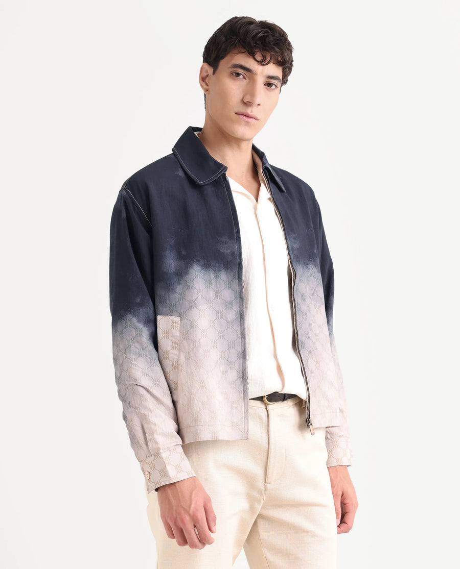 Rare Rabbit Men's Jopy Navy Viscose Blend Fabric Spread Collar Regular Fit Ombre Print Jacket