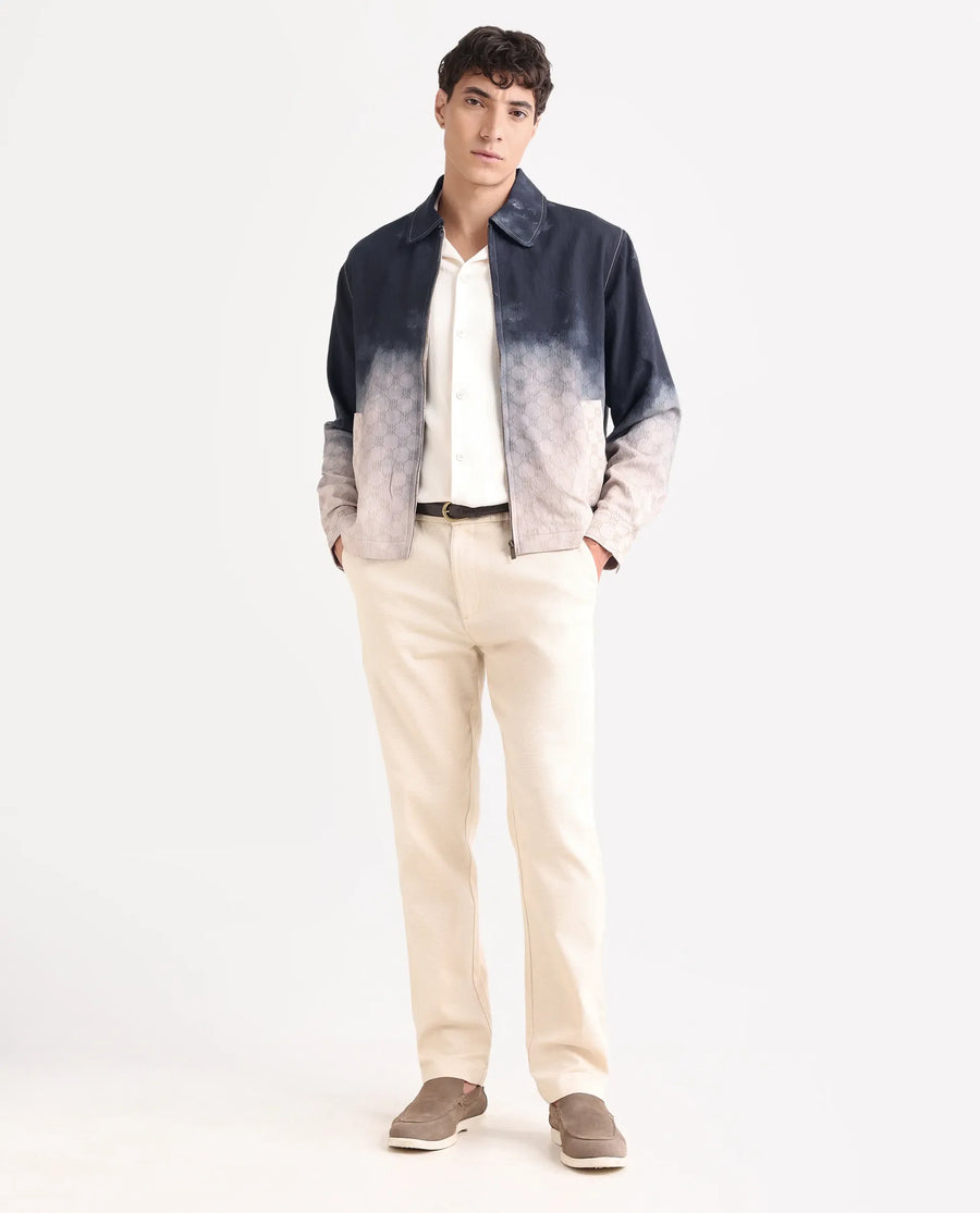 Rare Rabbit Men's Jopy Navy Viscose Blend Fabric Spread Collar Regular Fit Ombre Print Jacket