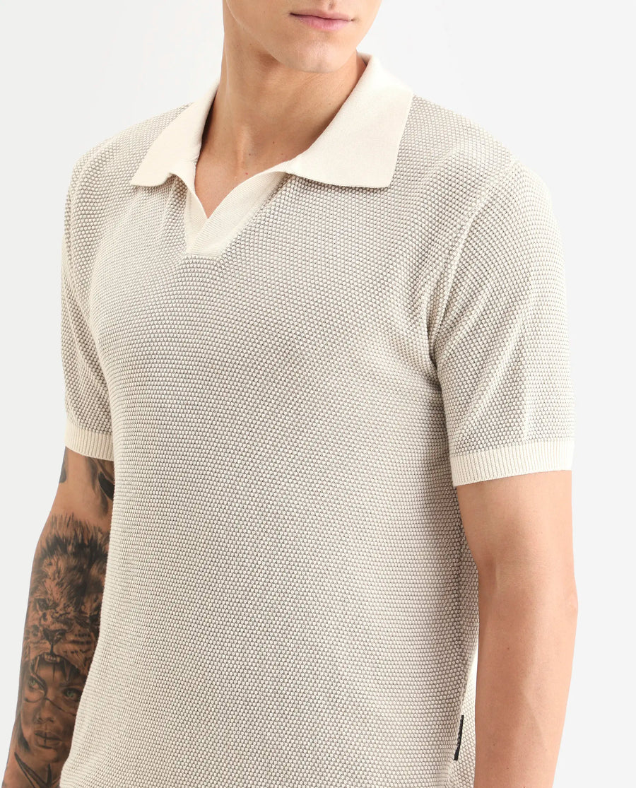 Rare Rabbit Men's Jordan Khaki Cotton Fabric Half Sleeve Regular Fit Textured Polo