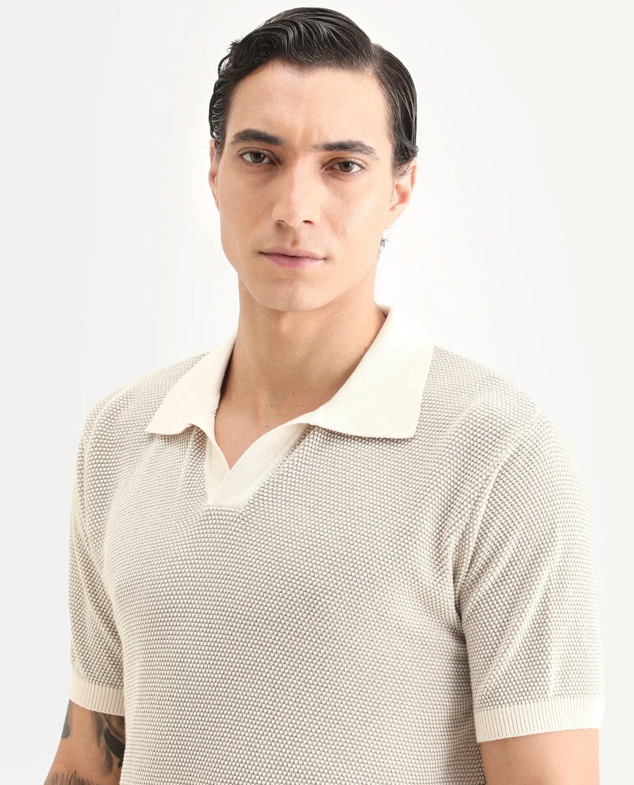 Rare Rabbit Men's Jordan Khaki Cotton Fabric Half Sleeve Regular Fit Textured Polo