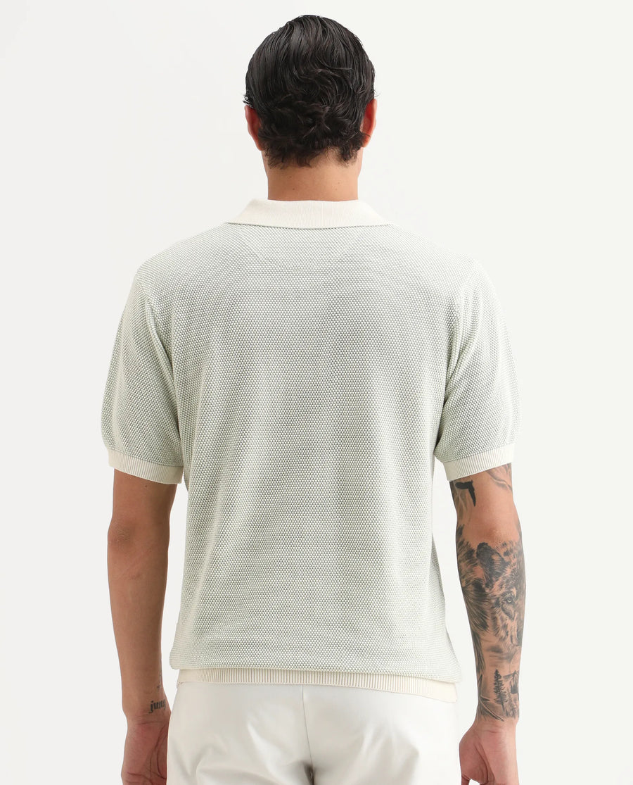 Rare Rabbit Men's Jordan Pastel Green Cotton Fabric Full Sleeve Regular Fit Textured Polo