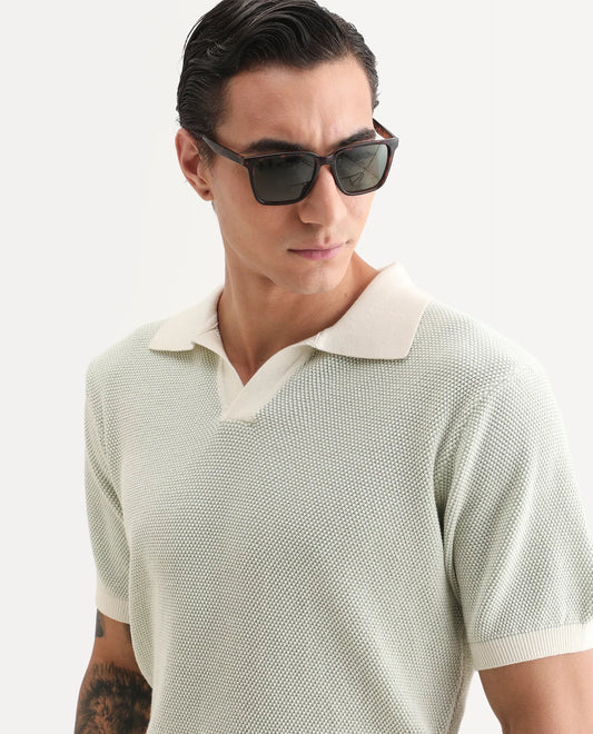 Rare Rabbit Men's Jordan Pastel Green Cotton Fabric Full Sleeve Regular Fit Textured Polo