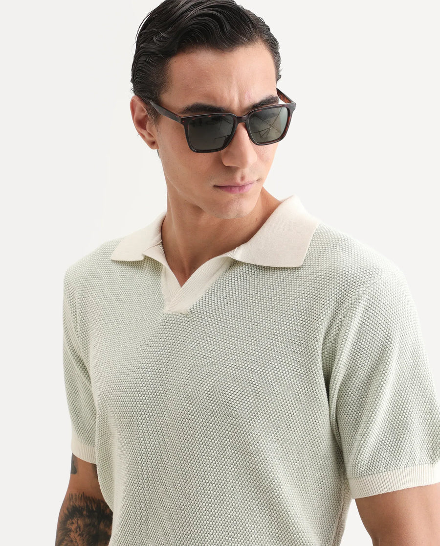 Rare Rabbit Men's Jordan Pastel Green Cotton Fabric Full Sleeve Regular Fit Textured Polo