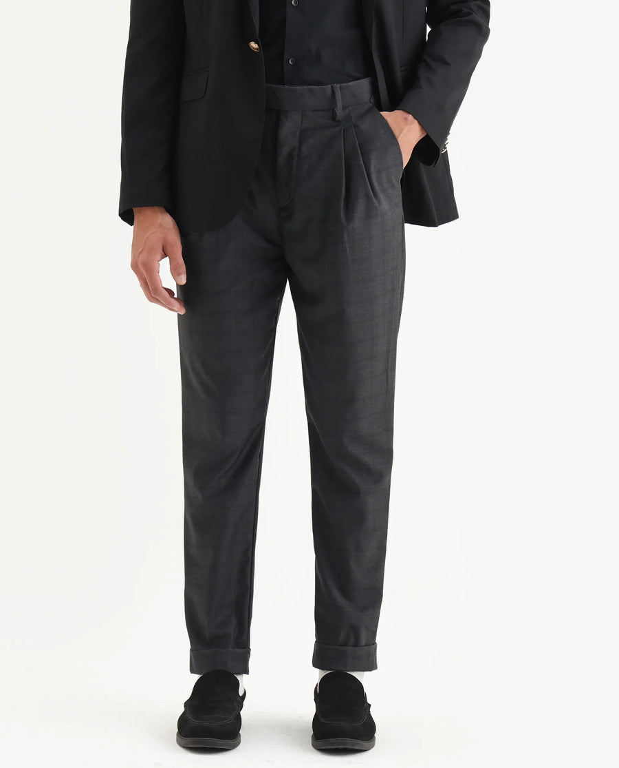 Rare Rabbit Men's Jorin Dark Grey Cotton Plain Relaxed Fit Trouser