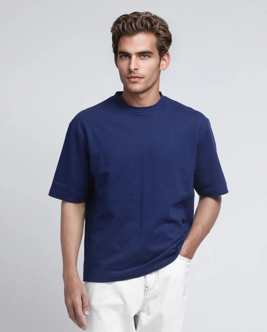 Rare Rabbit Men's Jot Blue Cotton Graphic Print Oversized Fit Half Sleeve Crew Neck T-Shirt