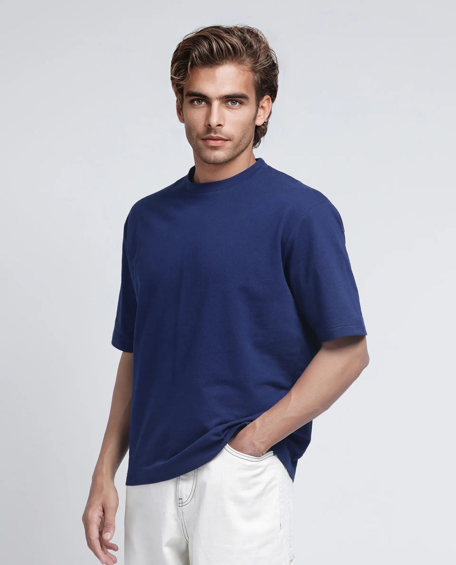 Rare Rabbit Men's Jot Blue Cotton Graphic Print Oversized Fit Half Sleeve Crew Neck T-Shirt