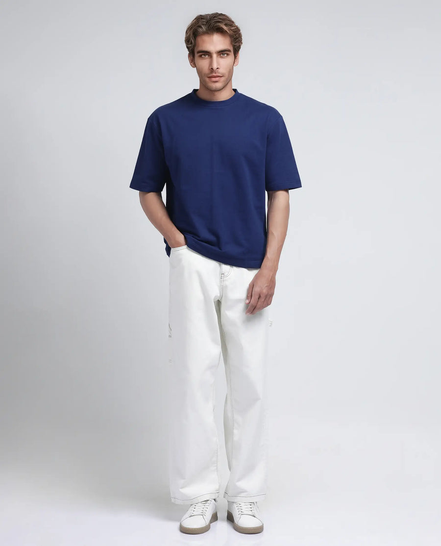 Rare Rabbit Men's Jot Blue Cotton Graphic Print Oversized Fit Half Sleeve Crew Neck T-Shirt