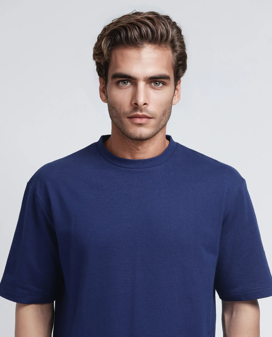 Rare Rabbit Men's Jot Blue Cotton Graphic Print Oversized Fit Half Sleeve Crew Neck T-Shirt