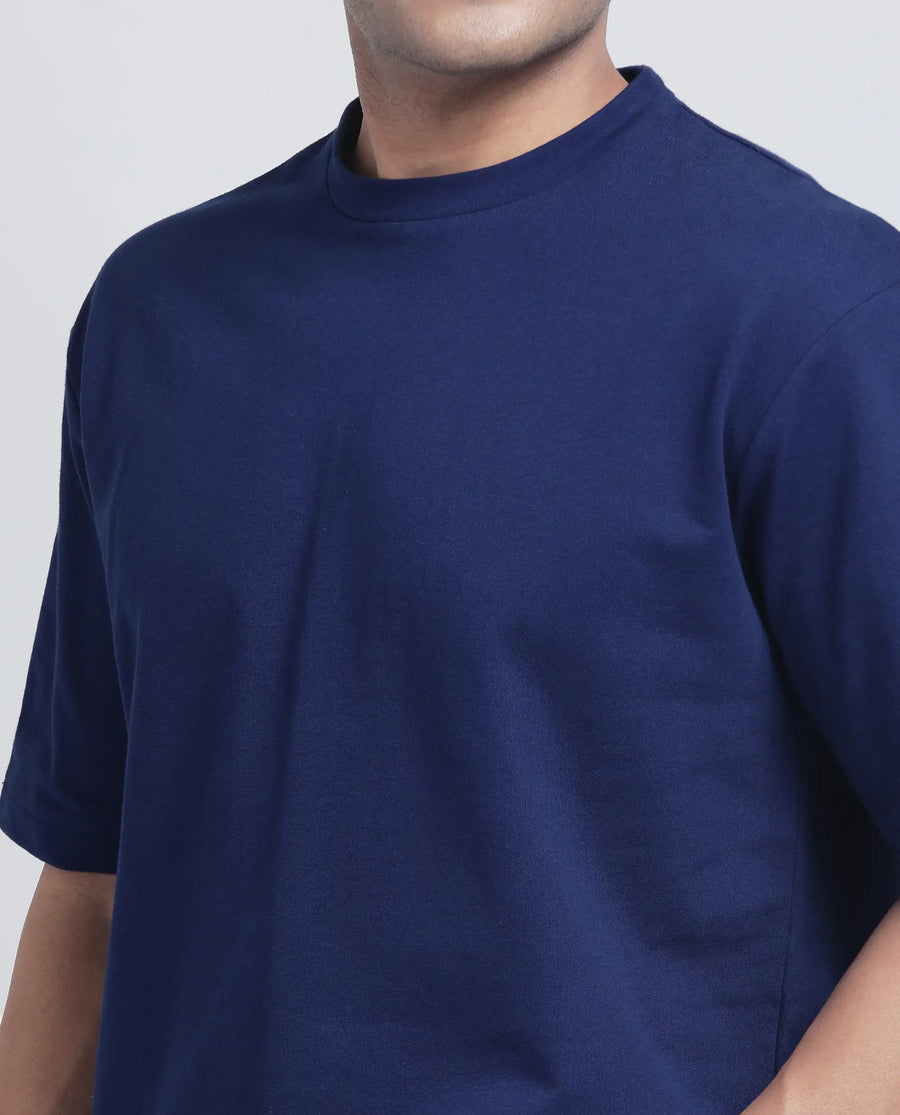 Rare Rabbit Men's Jot Blue Cotton Graphic Print Oversized Fit Half Sleeve Crew Neck T-Shirt