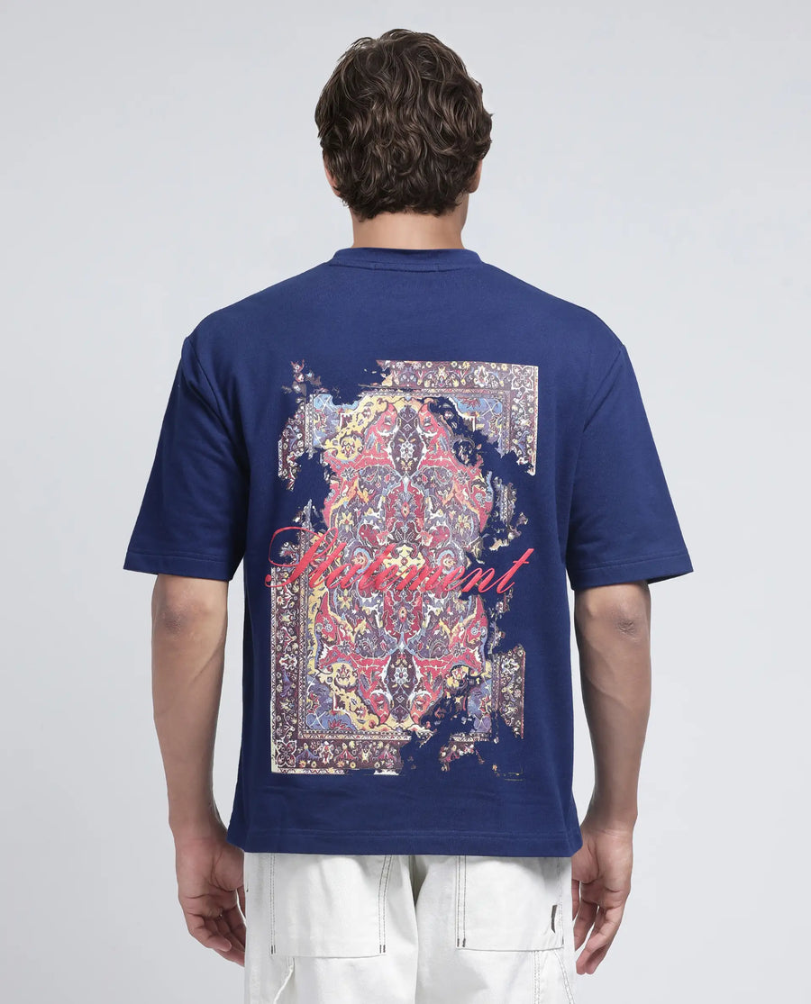 Rare Rabbit Men's Jot Blue Cotton Graphic Print Oversized Fit Half Sleeve Crew Neck T-Shirt