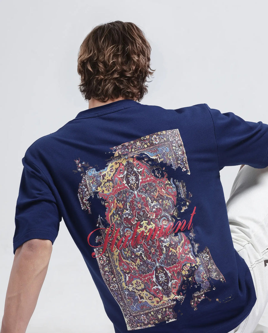 Rare Rabbit Men's Jot Blue Cotton Graphic Print Oversized Fit Half Sleeve Crew Neck T-Shirt