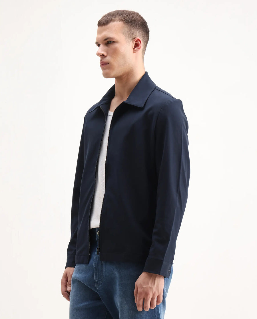 Rare Rabbit Men's Juan-25 Dark Navy Polyester Blend Plain Regular Fit Full Sleeve Collared Jacket