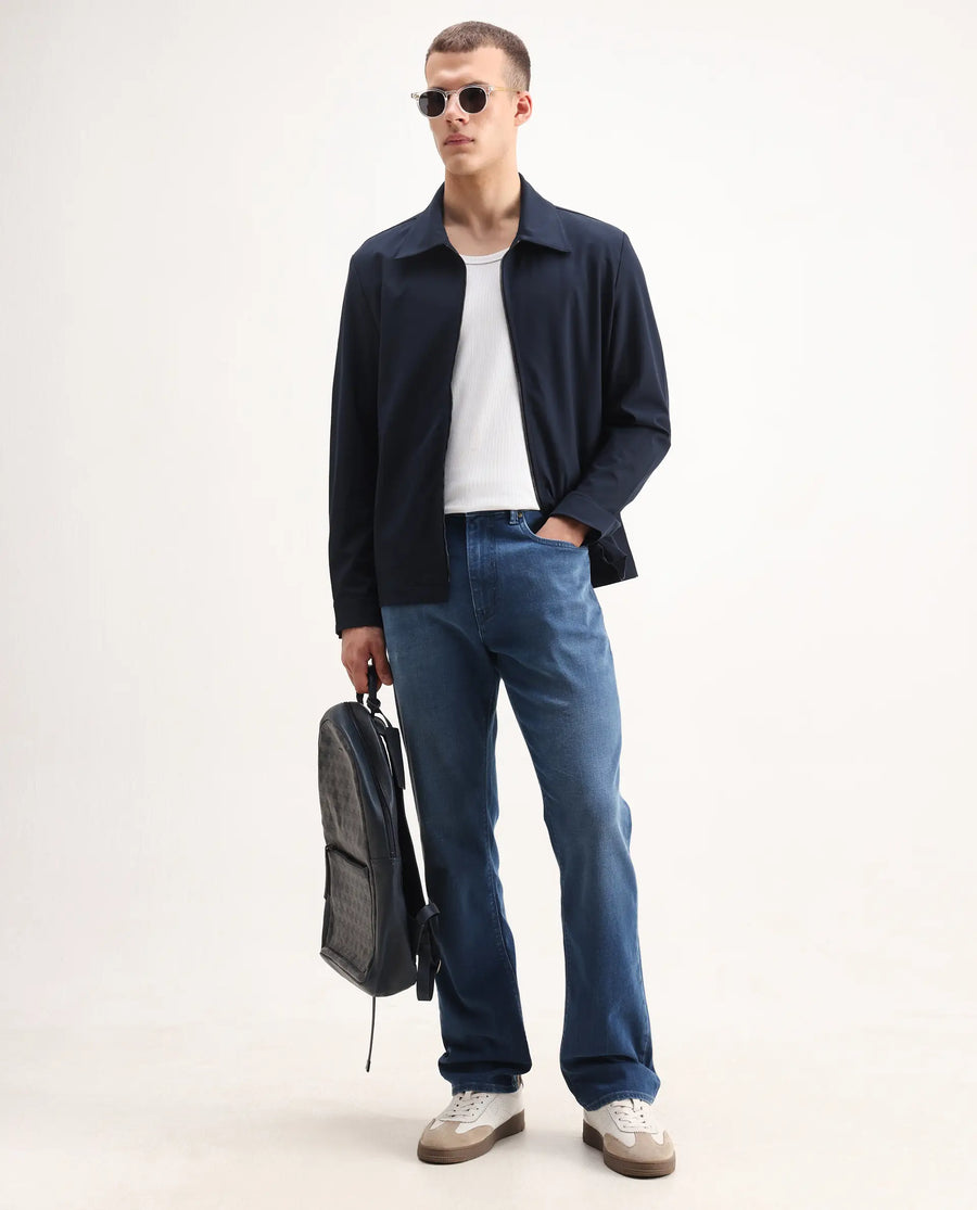 Rare Rabbit Men's Juan-25 Dark Navy Polyester Blend Plain Regular Fit Full Sleeve Collared Jacket