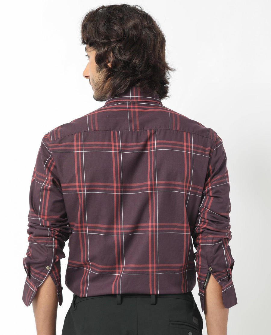 Rare Rabbit Men's Juba Dark Maroon Cotton Checked Print Regular Fit Full Sleeve Collared Shirt