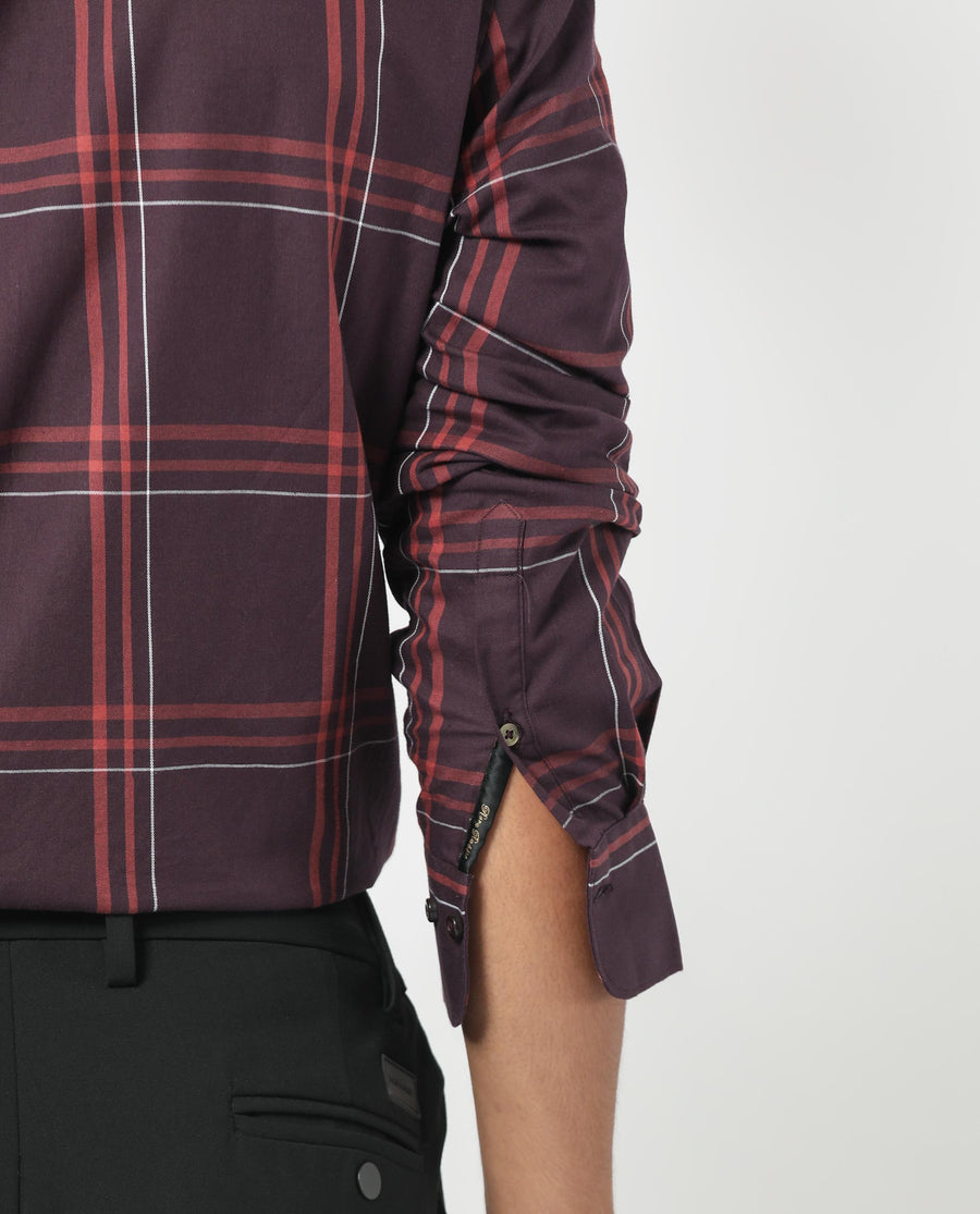 Rare Rabbit Men's Juba Dark Maroon Cotton Checked Print Regular Fit Full Sleeve Collared Shirt