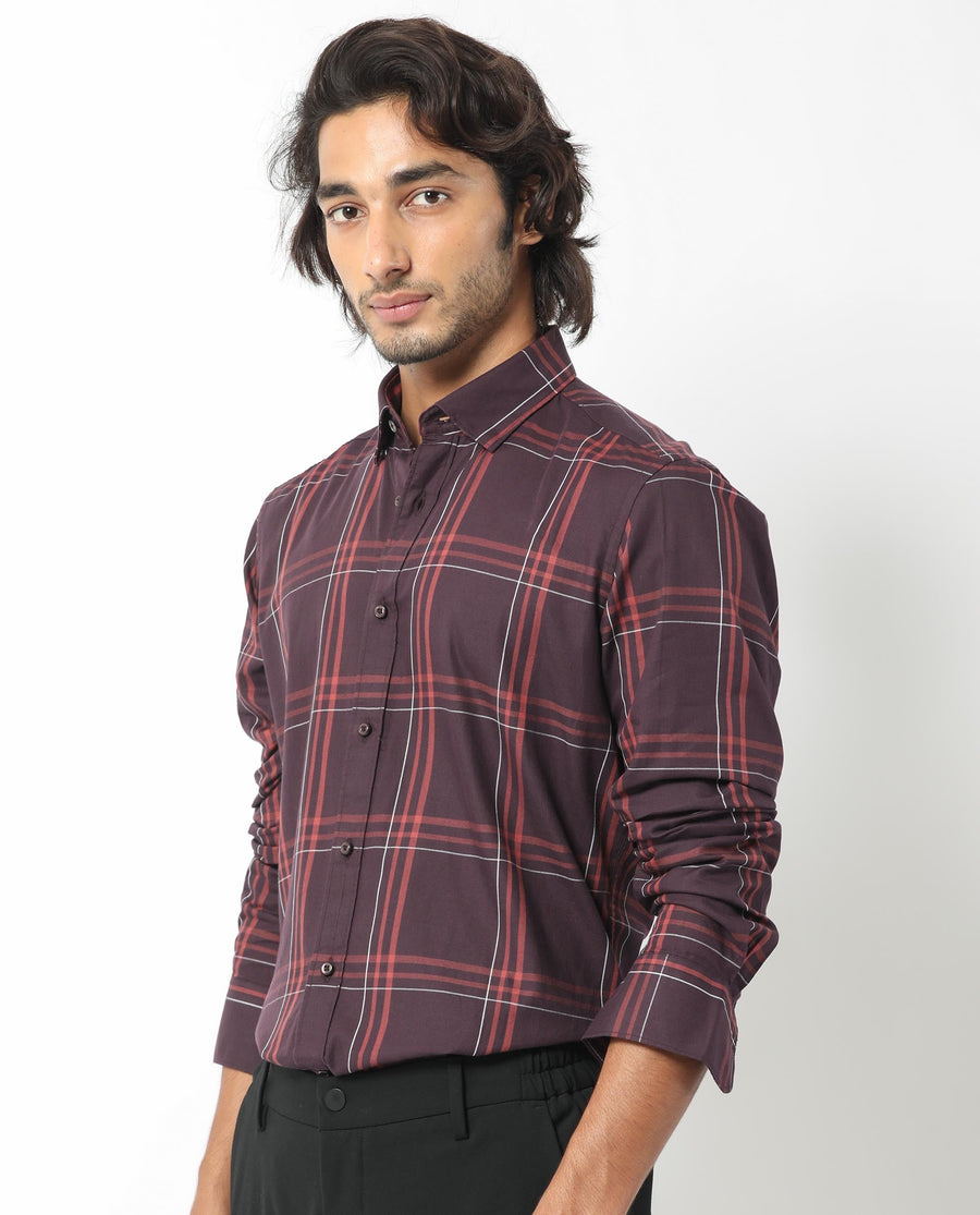 Rare Rabbit Men's Juba Dark Maroon Cotton Checked Print Regular Fit Full Sleeve Collared Shirt