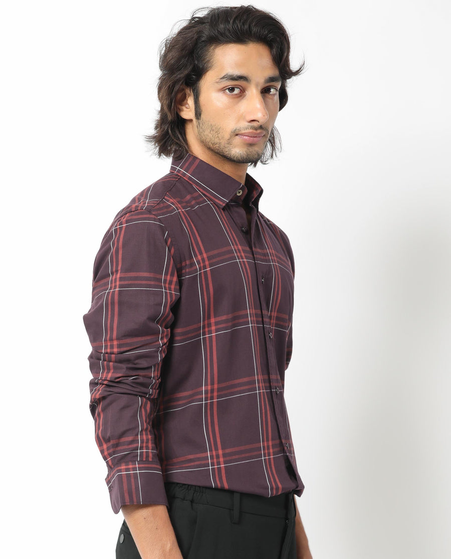 Rare Rabbit Men's Juba Dark Maroon Cotton Checked Print Regular Fit Full Sleeve Collared Shirt