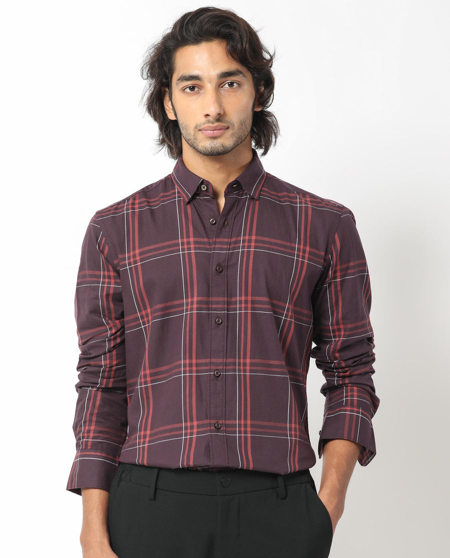 Rare Rabbit Men's Juba Dark Maroon Cotton Checked Print Regular Fit Full Sleeve Collared Shirt