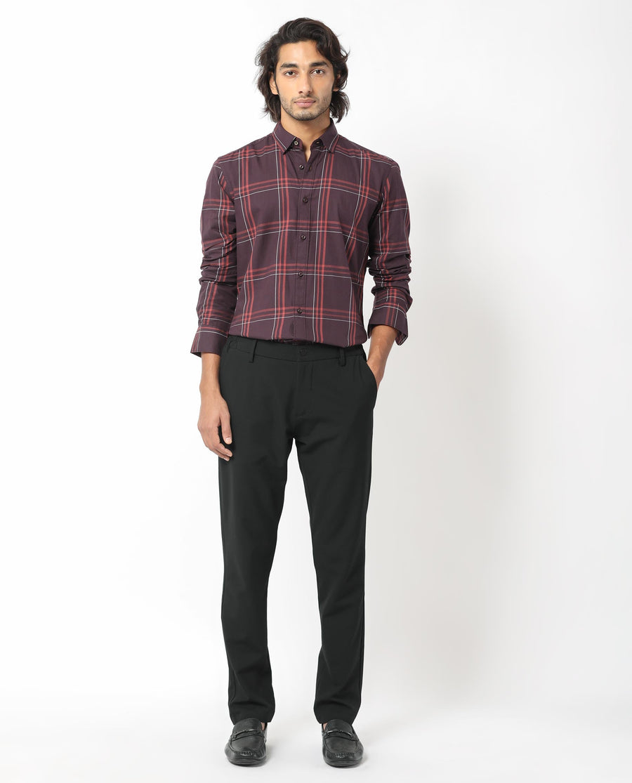 Rare Rabbit Men's Juba Dark Maroon Cotton Checked Print Regular Fit Full Sleeve Collared Shirt