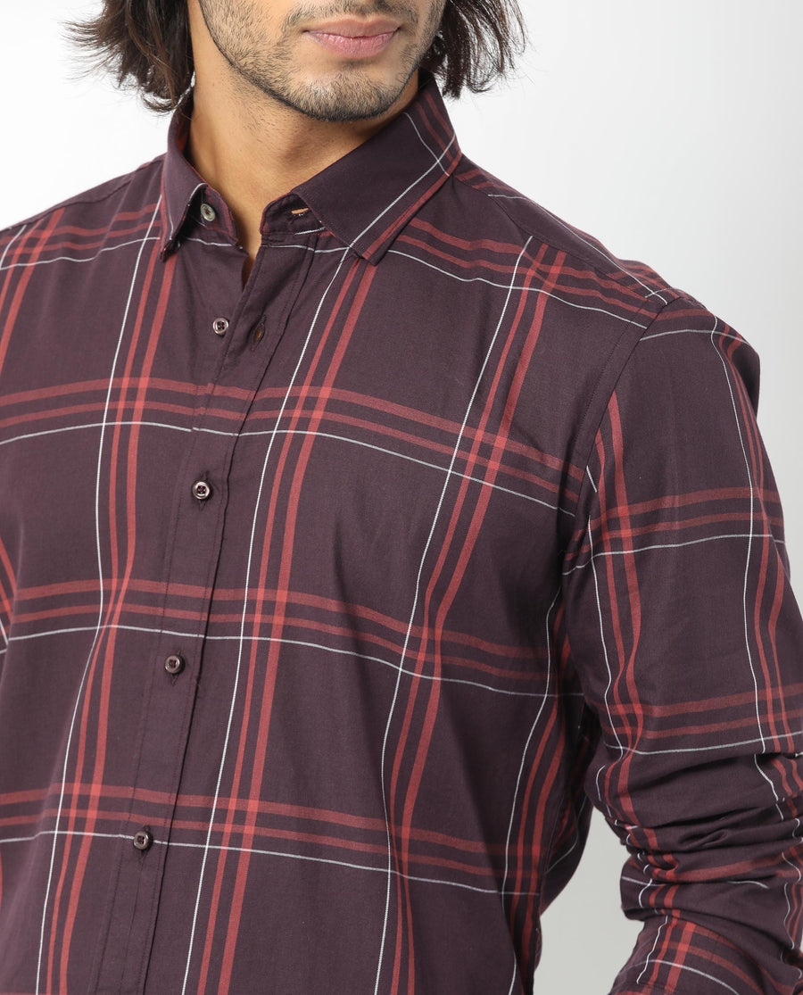 Rare Rabbit Men's Juba Dark Maroon Cotton Checked Print Regular Fit Full Sleeve Collared Shirt