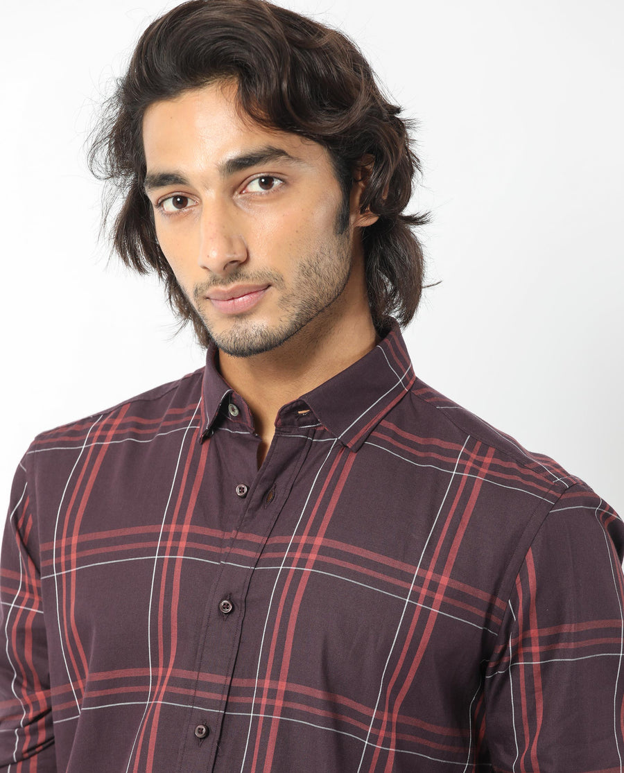 Rare Rabbit Men's Juba Dark Maroon Cotton Checked Print Regular Fit Full Sleeve Collared Shirt