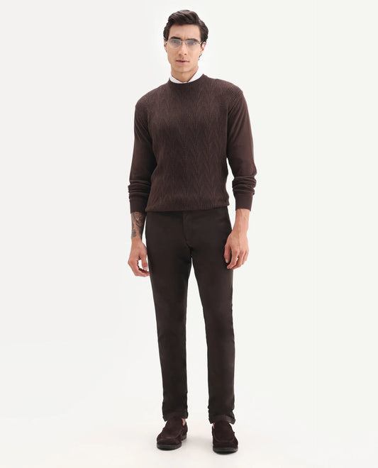 Rare Rabbit Men's Jude Brown Cotton Plain Slim Fit Trouser