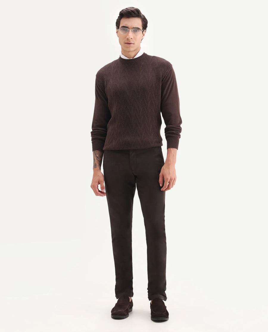 Rare Rabbit Men's Jude Brown Cotton Plain Slim Fit Trouser
