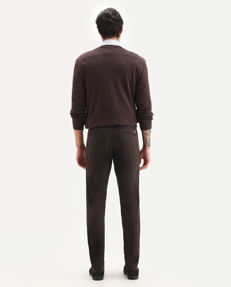 Rare Rabbit Men's Jude Brown Cotton Plain Slim Fit Trouser