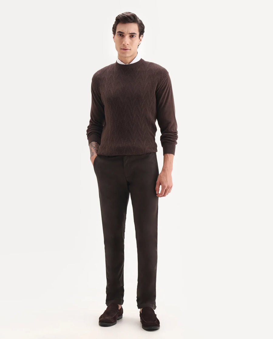Rare Rabbit Men's Jude Brown Cotton Plain Slim Fit Trouser