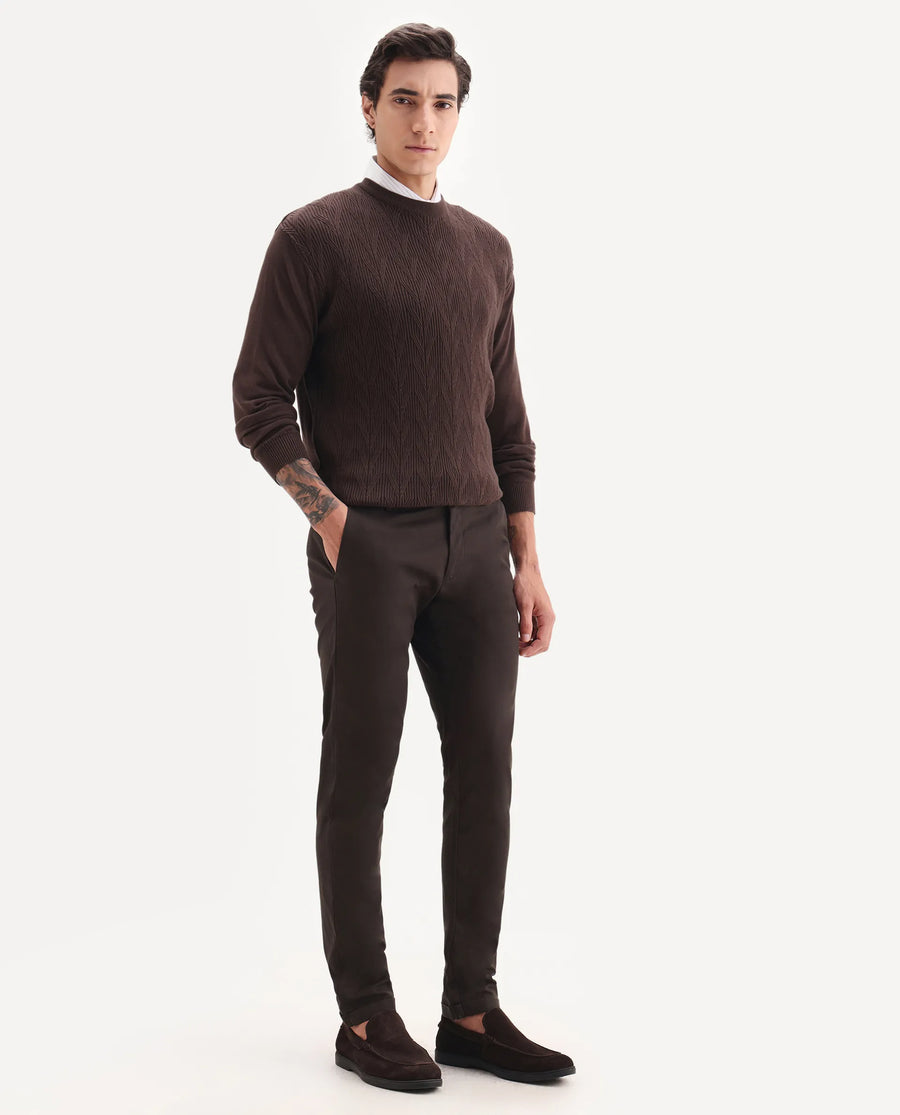Rare Rabbit Men's Jude Brown Cotton Plain Slim Fit Trouser