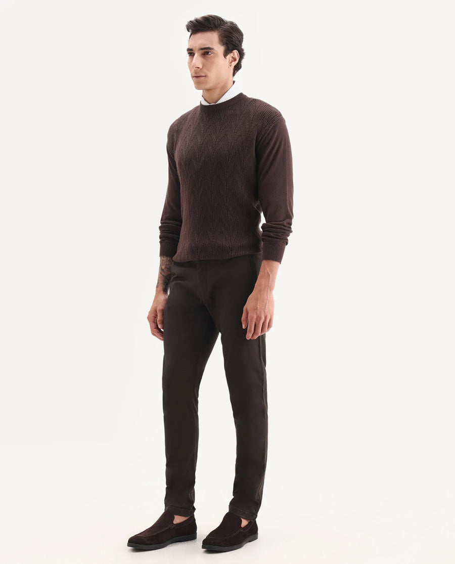 Rare Rabbit Men's Jude Brown Cotton Plain Slim Fit Trouser