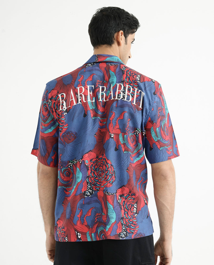 Rare Rabbit Men's Junee Blue Viscose Floral Print Boxy Fit Half Sleeve Cuban Collar Shirt