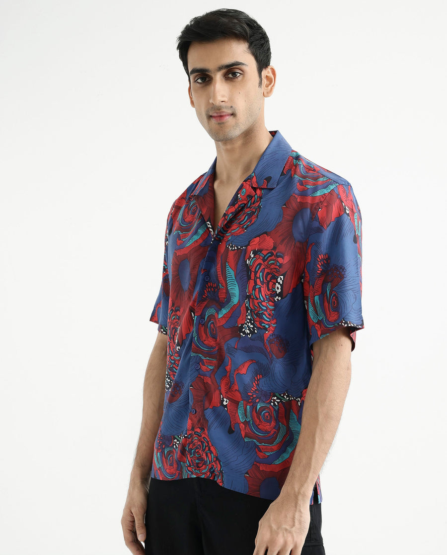 Rare Rabbit Men's Junee Blue Viscose Floral Print Boxy Fit Half Sleeve Cuban Collar Shirt