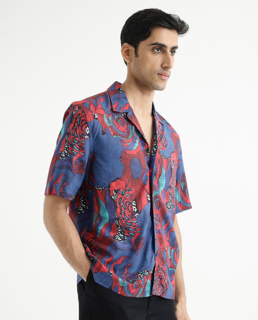 Rare Rabbit Men's Junee Blue Viscose Floral Print Boxy Fit Half Sleeve Cuban Collar Shirt