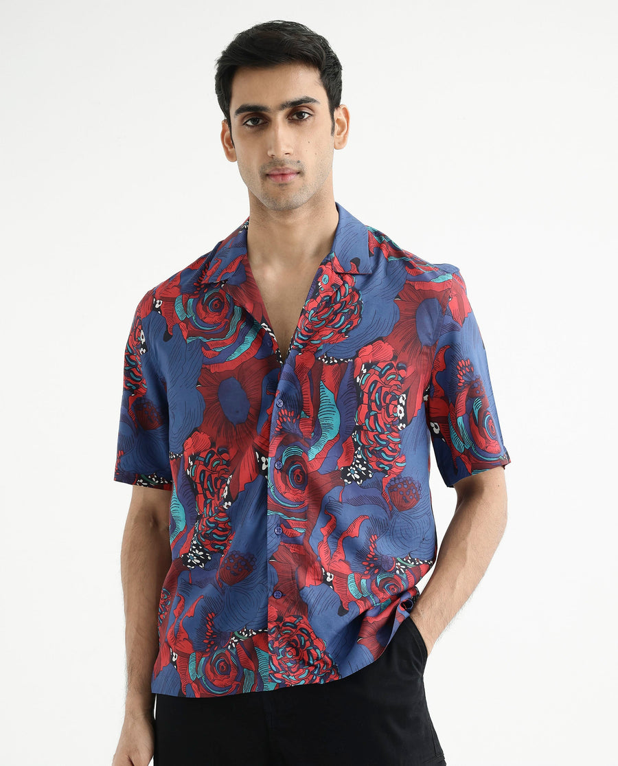 Rare Rabbit Men's Junee Blue Viscose Floral Print Boxy Fit Half Sleeve Cuban Collar Shirt