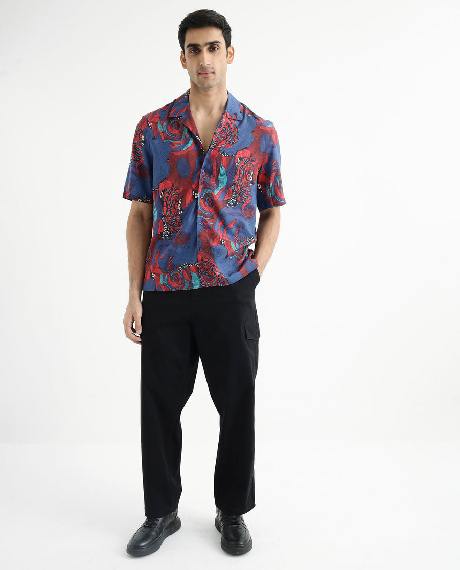 Rare Rabbit Men's Junee Blue Viscose Floral Print Boxy Fit Half Sleeve Cuban Collar Shirt