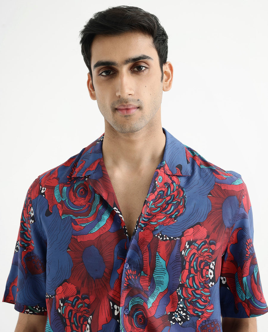 Rare Rabbit Men's Junee Blue Viscose Floral Print Boxy Fit Half Sleeve Cuban Collar Shirt