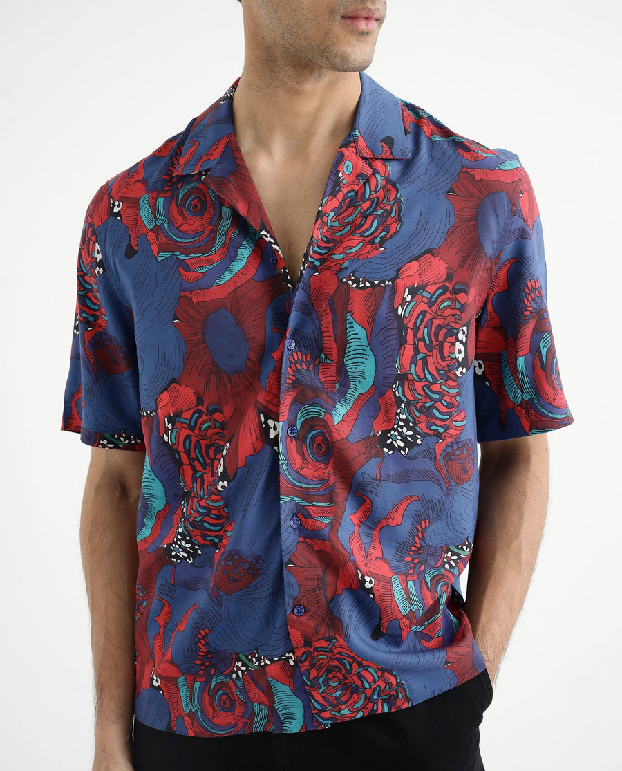 Rare Rabbit Men's Junee Blue Viscose Floral Print Boxy Fit Half Sleeve Cuban Collar Shirt