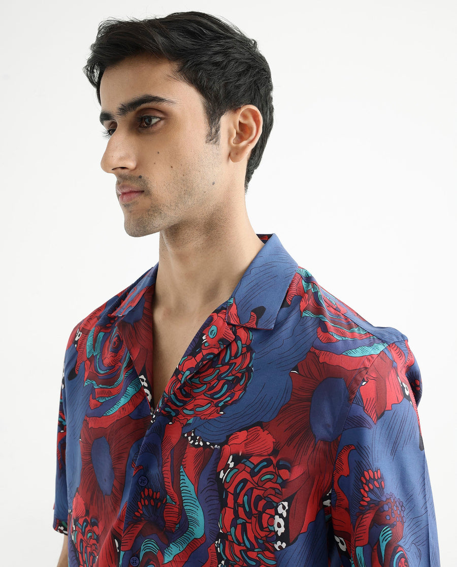 Rare Rabbit Men's Junee Blue Viscose Floral Print Boxy Fit Half Sleeve Cuban Collar Shirt