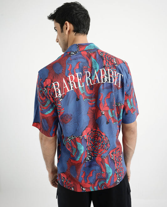 Rare Rabbit Men's Junee Blue Viscose Floral Print Boxy Fit Half Sleeve Cuban Collar Shirt