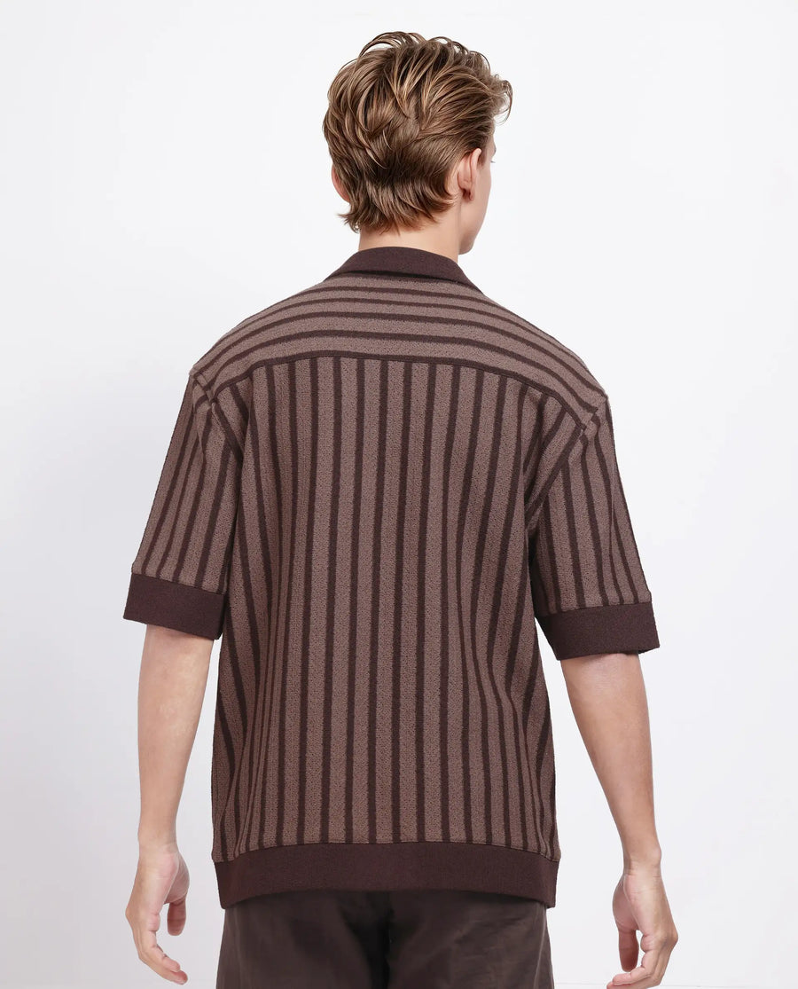 Rare Rabbit Men's Juno Dark Brown Cotton Striped Print Boxy Fit Half Sleeve Cuban Collar Shirt